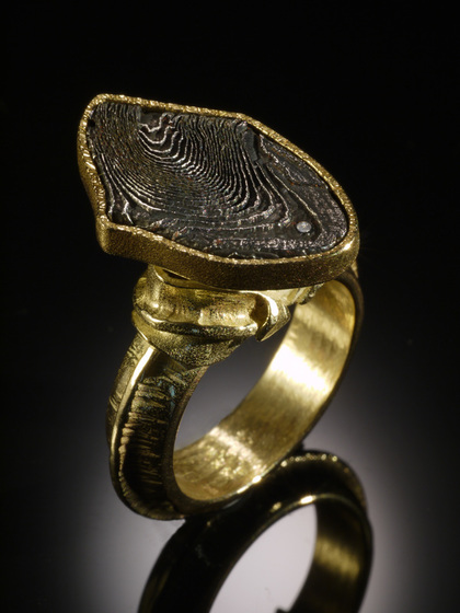 Nick Grant Barnes, Silver Spring, MD, U.S. “Damascus Panel Ring” (Size 5) 18k gold, Damascus steel, diamond, photos by David Terao -- www.foldforming.org