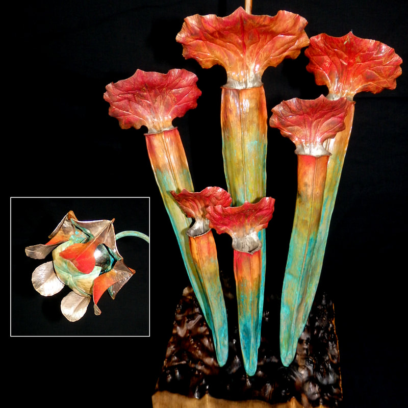 Second Place 2017 Lewton-Brain Foldform Competition, Dorian S. Custodia, Sellersville, PA, U.S. “Silver Mouth Pitcher Plant” (6 x 6 x 18 in) Copper, Argentium Silver, silver plating, brass, red copper oxide, green verdigris, clear acrylic enamel -- www.foldforming.org