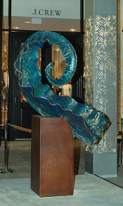 Commissioned sculpture by Pat Downing at the Westfield UTC Mall in San Diego, CA, U.S. Copper, steel, patina (made from 10 x 3 ft of 16 gauge copper) www.foldforming.org