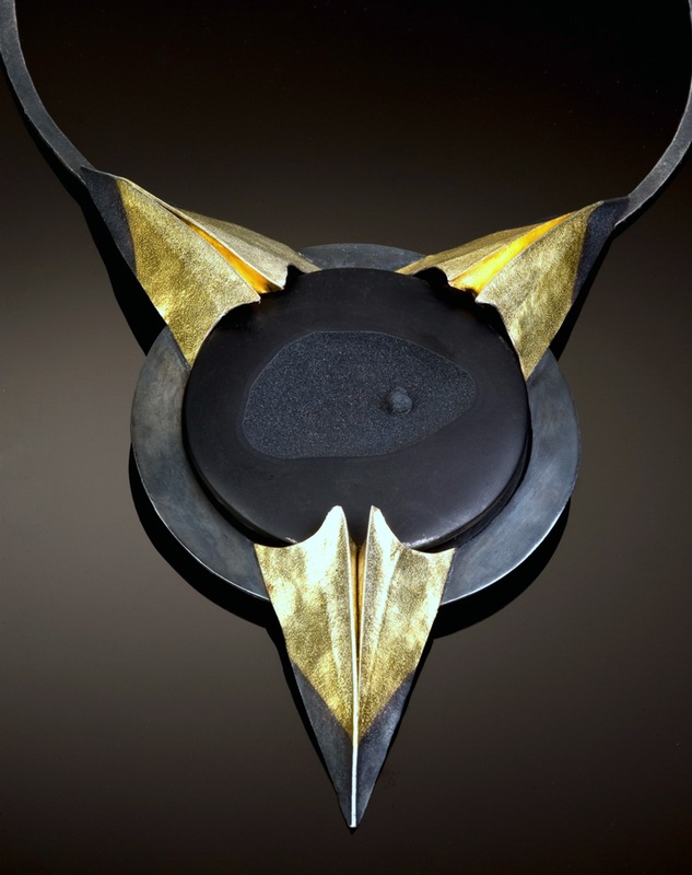 Judith Renstrom, Riegelsville, PA, U.S., “Golden Talons” (focal 12 x 15.5 cm) Sterling silver, 22K gold, drusy (pendant), photo by Hub Willson -- www.foldforming.org