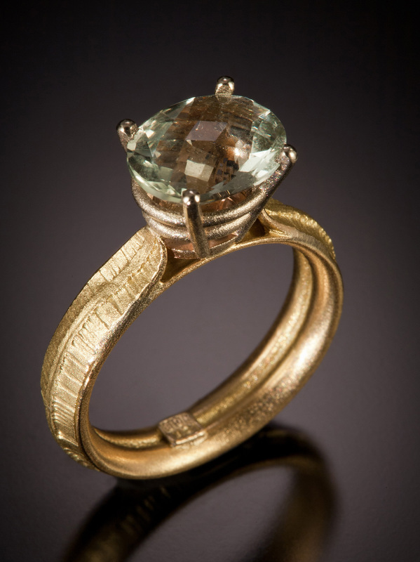 Nick Grant Barnes, Silver Spring, MD, U.S. “Green Amethyst Solitaire” (Size 11)  ​18K rose, 14kw, green amethyst, photo by David Terao -- www.foldforming.org