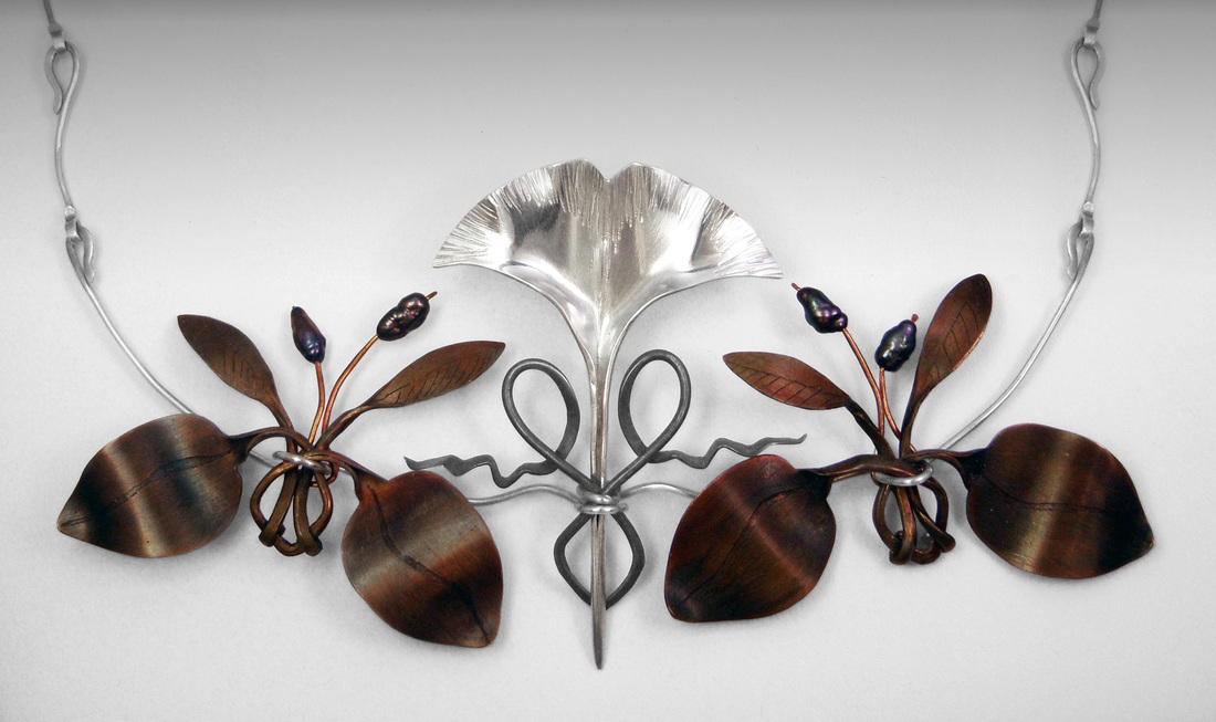 Lyn Stoll, Lubbock, Texas , U.S., “Botanica” (focal 6.4 x 13 cm) (2 1/2 x 5.25 in) Silver, copper, bronze, pearls