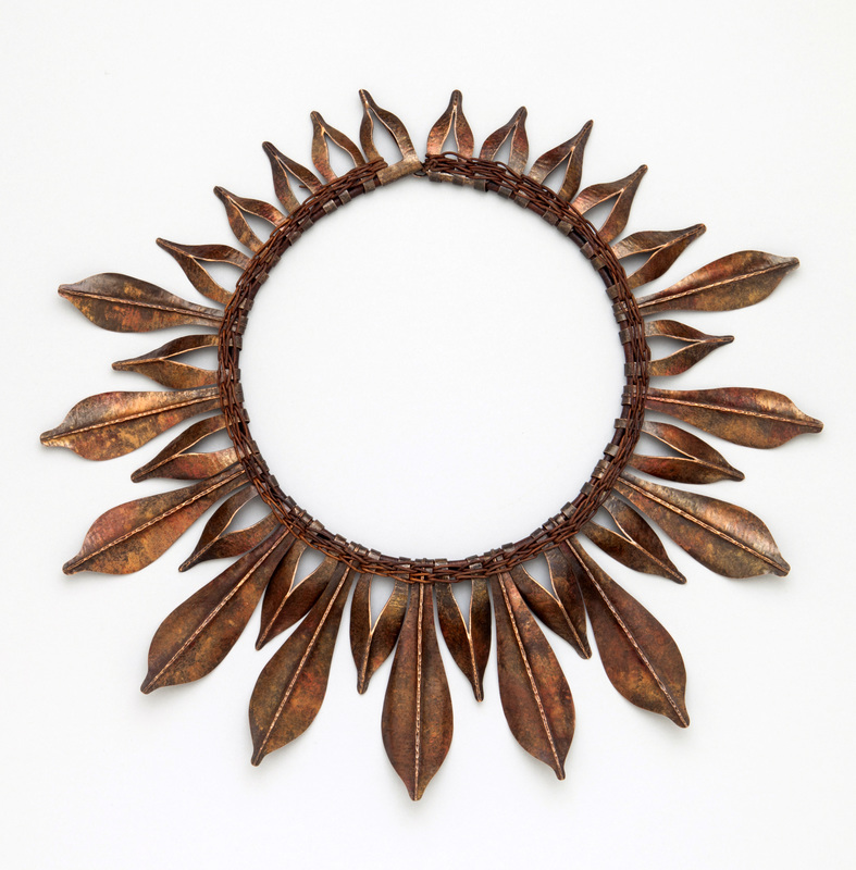 Sher Novak, Albany, CA, U.S. “Autumn Leaves Necklace” (10.5 in x 10 in) (26.7 cm x 25.4 cm) copper, patina, leather cord, photo by George Post -- www.foldforming.org
