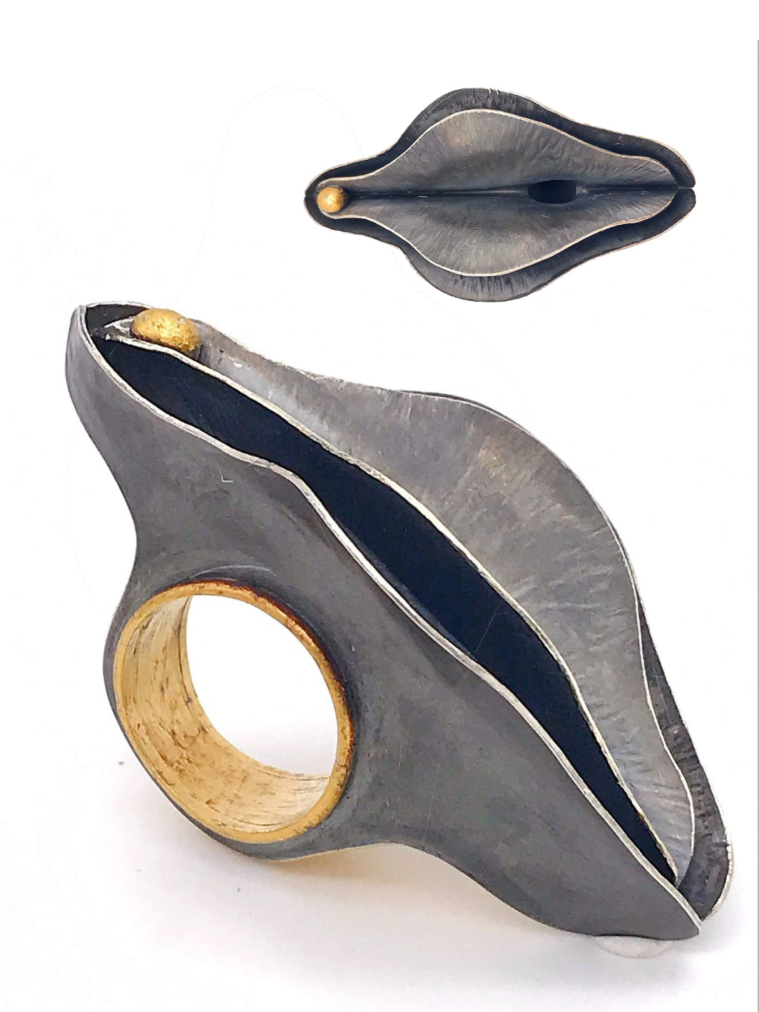 Zoe Dayan, Loro Ciuffenna, Italy 	“Yoni Ring I” Oxidized sterling silver, 24K gold leaf (6 x 3.5 x 5 cm), www.foldforming.org