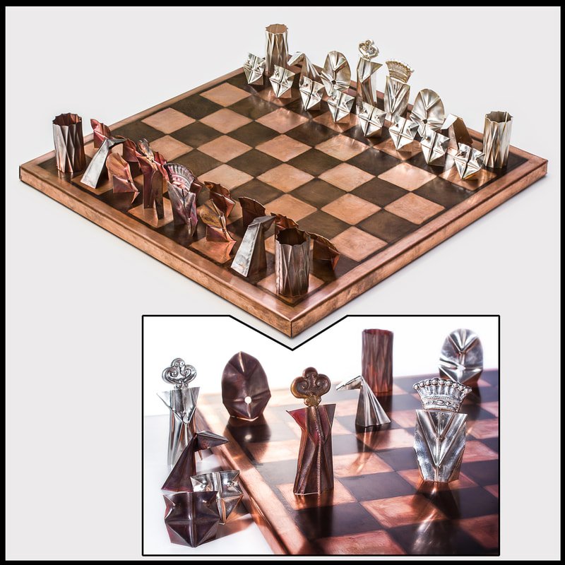 Honorable Mention 2017 Lewton-Brain Foldform Competition, Amir Nasiri, Tehran, Iran “Chess Set” (45 x 45 cm board) Copper, pure silver; photo by Hamid Aghaei - www.foldforming.org