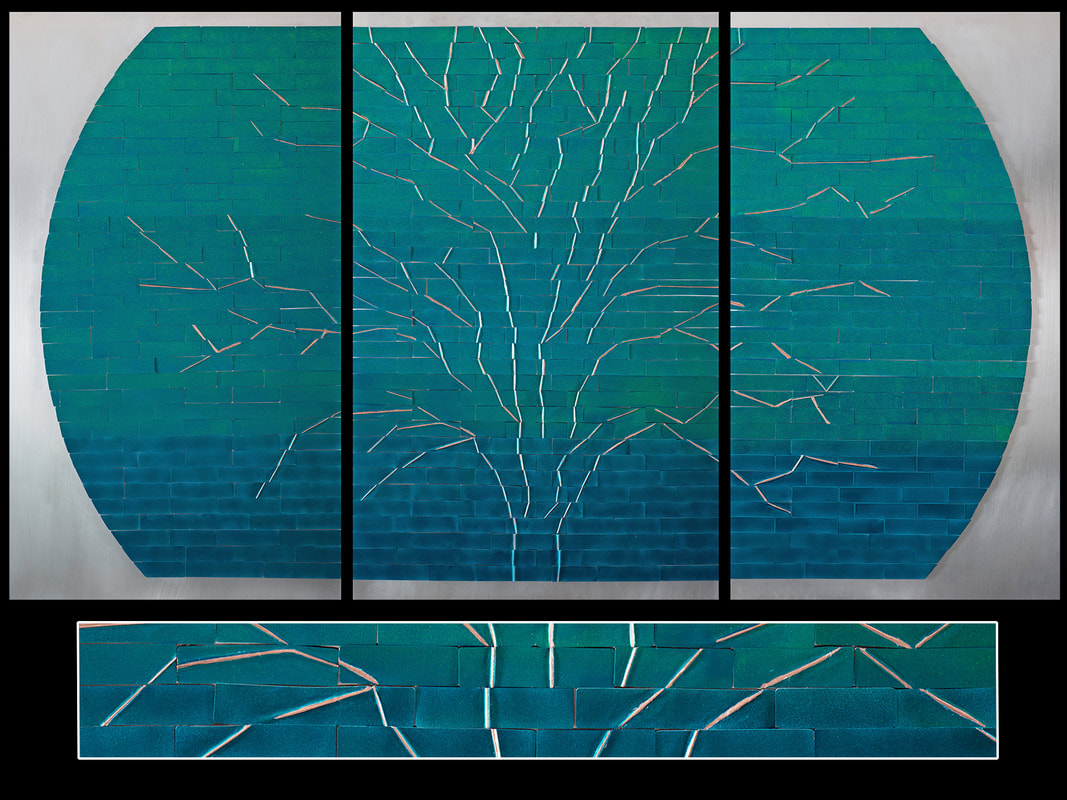 Jurors' Choice 2017 Lewton-Brain Foldform Competition, Barbara Zander, Shoreline, WA, U.S. “Growing into the Space” (76 x 38 in) Copper, acrylic paint, aluminum; photo by Bret Corrington -- www.foldforming.org
